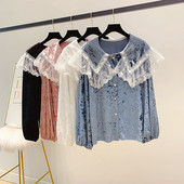 Γυναικεία  μπλούζα με βελούδο και με δαντέλα σε τέσσερα χρώματα