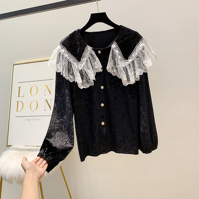 Γυναικεία  μπλούζα με βελούδο και με δαντέλα σε τέσσερα χρώματα