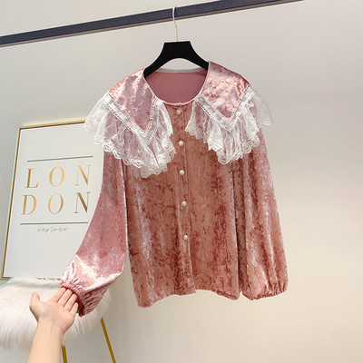 Γυναικεία  μπλούζα με βελούδο και με δαντέλα σε τέσσερα χρώματα