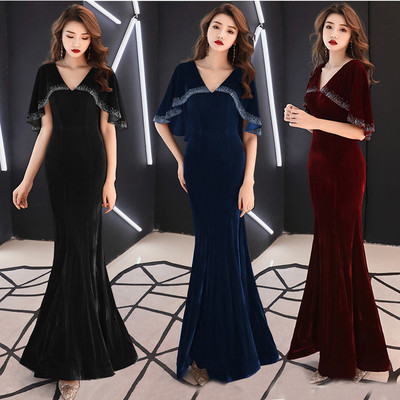 Rochie lungă de catifea elegantă pentru femei, cu decolteu spitz în trei culori