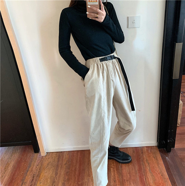 Дамски рипсен панталон в два цвята с висока талия и колан