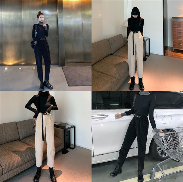 Дамски рипсен панталон в два цвята с висока талия и колан