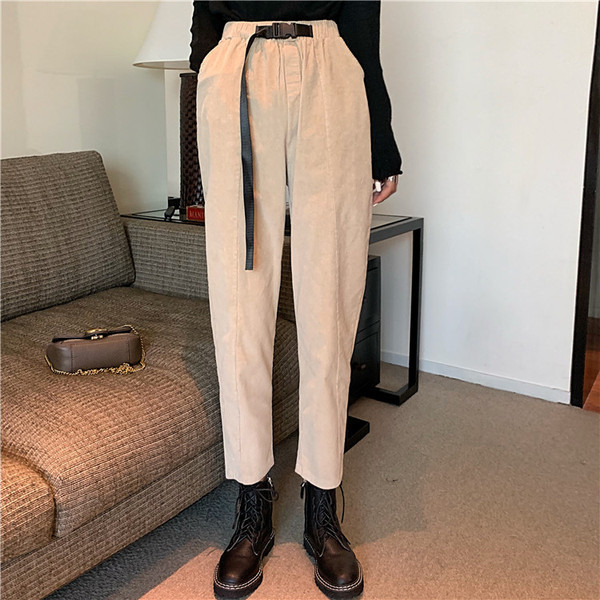 Дамски рипсен панталон в два цвята с висока талия и колан