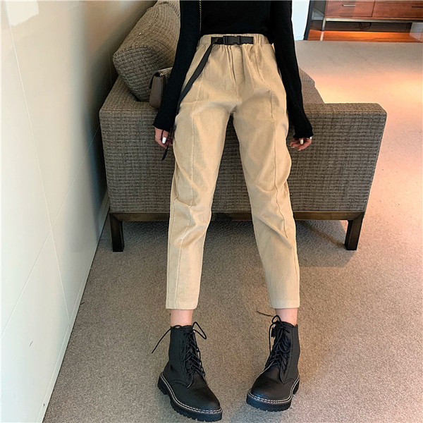 Дамски рипсен панталон в два цвята с висока талия и колан