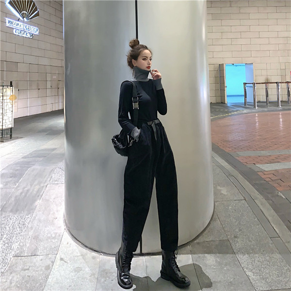 Дамски рипсен панталон в два цвята с висока талия и колан