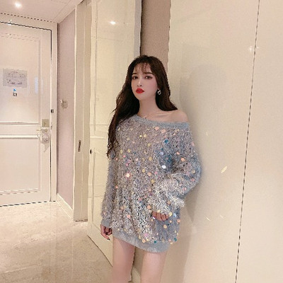 Bluză casual de damă cu paiete și mâneci lungi în roz și gri