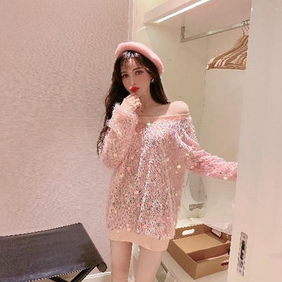 Bluză casual de damă cu paiete și mâneci lungi în roz și gri