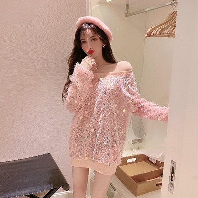 Bluză casual de damă cu paiete și mâneci lungi în roz și gri