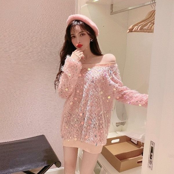 Bluză casual de damă cu paiete și mâneci lungi în roz și gri