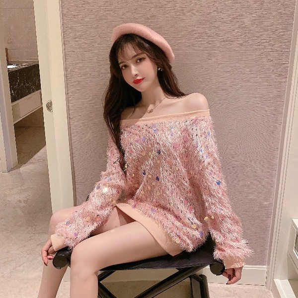 Bluză casual de damă cu paiete și mâneci lungi în roz și gri