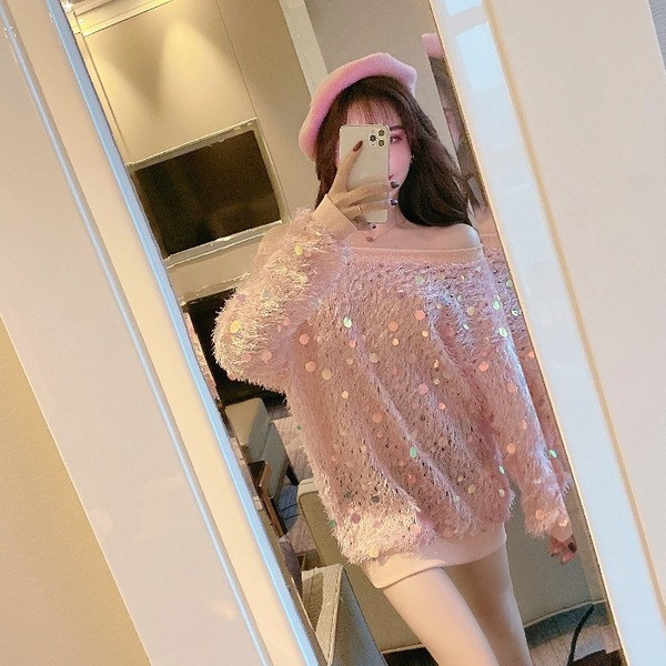 Bluză casual de damă cu paiete și mâneci lungi în roz și gri