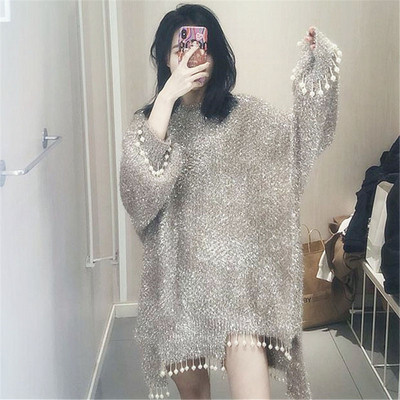 Alkalmi női pulóver bojt aszimmetrikus mintával, szürke színben