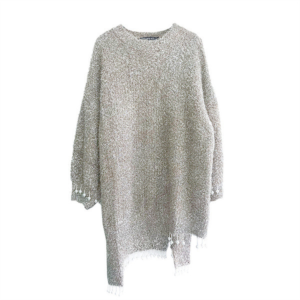Alkalmi női pulóver bojt aszimmetrikus mintával, szürke színben