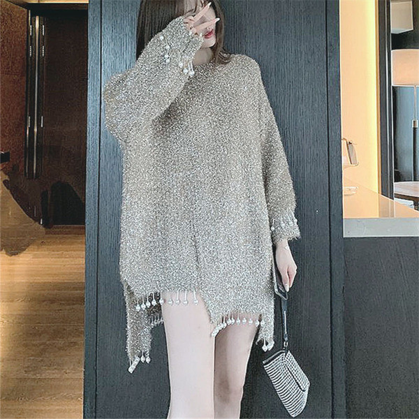 Alkalmi női pulóver bojt aszimmetrikus mintával, szürke színben