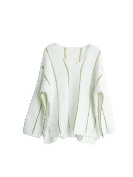 Pulover casual de damă din puf, cu decolteu spitz și pietre în alb-negru