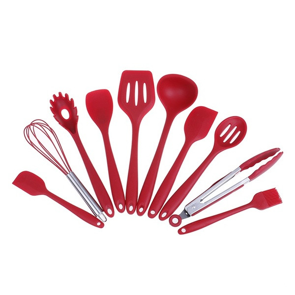 Set de zece ustensile de bucătărie din silicon în roșu, verde, albastru și negru