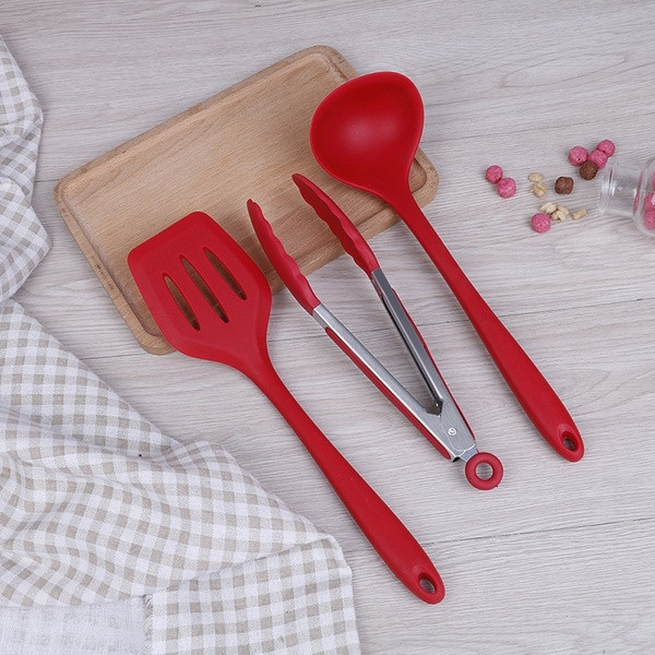 Set de zece ustensile de bucătărie din silicon în roșu, verde, albastru și negru