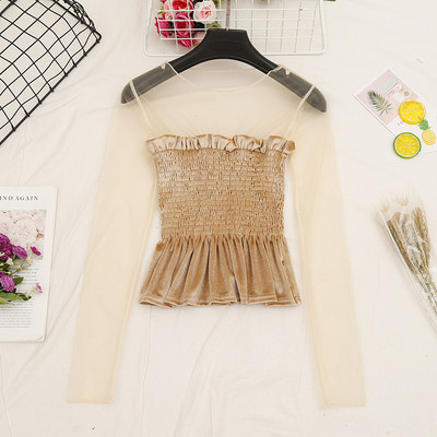 Γυναικεία καθημερινή  κοντή μπλε βελούδο με μανίκια τούλι σε διάφορα χρώματα