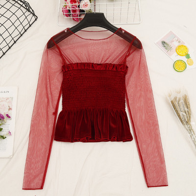 Γυναικεία καθημερινή  κοντή μπλε βελούδο με μανίκια τούλι σε διάφορα χρώματα