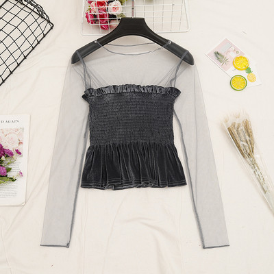 Γυναικεία καθημερινή  κοντή μπλε βελούδο με μανίκια τούλι σε διάφορα χρώματα