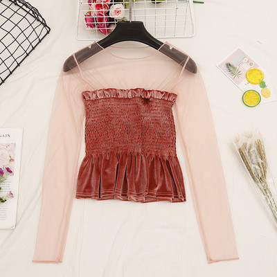 Γυναικεία καθημερινή  κοντή μπλε βελούδο με μανίκια τούλι σε διάφορα χρώματα