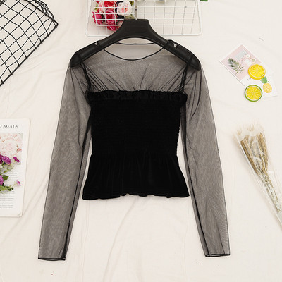 Γυναικεία καθημερινή  κοντή μπλε βελούδο με μανίκια τούλι σε διάφορα χρώματα