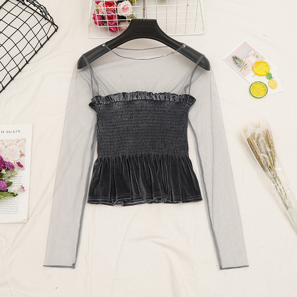 Γυναικεία καθημερινή  κοντή μπλε βελούδο με μανίκια τούλι σε διάφορα χρώματα