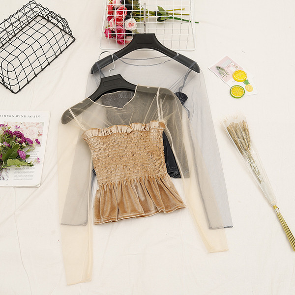 Γυναικεία καθημερινή  κοντή μπλε βελούδο με μανίκια τούλι σε διάφορα χρώματα