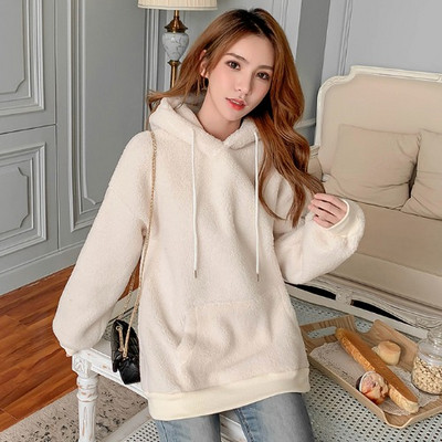 Női alkalmi pulóver kapucnival és zsebbel - hosszú rózsaszín és bézs modell