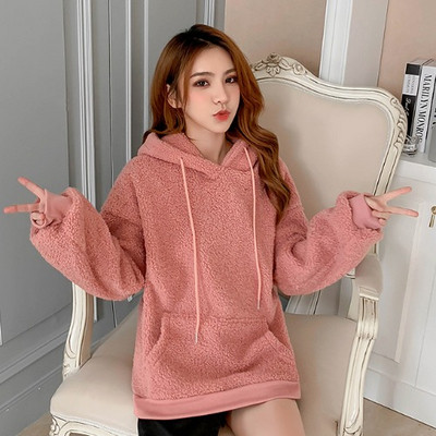 Női alkalmi pulóver kapucnival és zsebbel - hosszú rózsaszín és bézs modell