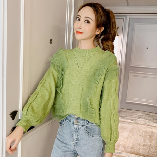 Μοντέρνο γυναικείο πουλόβερ σε σχήμα O, σε πράσινο, μπεζ και ροζ χρώμα