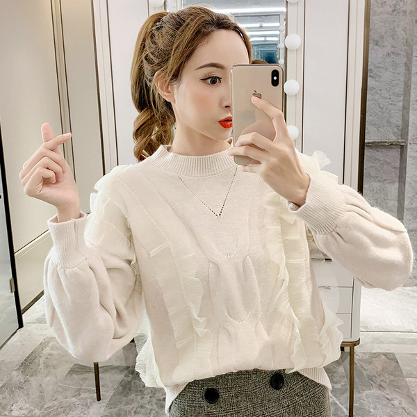 Μοντέρνο γυναικείο πουλόβερ σε σχήμα O, σε πράσινο, μπεζ και ροζ χρώμα