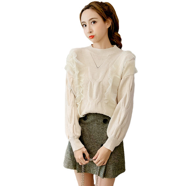 Μοντέρνο γυναικείο πουλόβερ σε σχήμα O, σε πράσινο, μπεζ και ροζ χρώμα