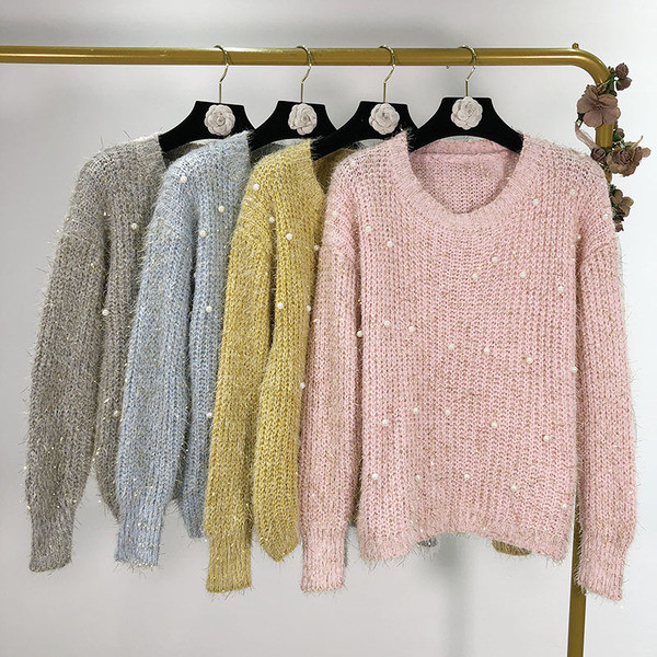 Pulover moale lung cu perle in patru culori