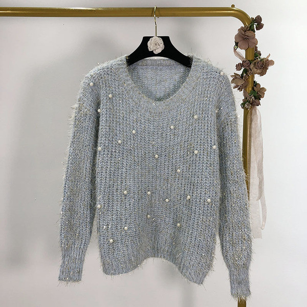 Pulover moale lung cu perle in patru culori