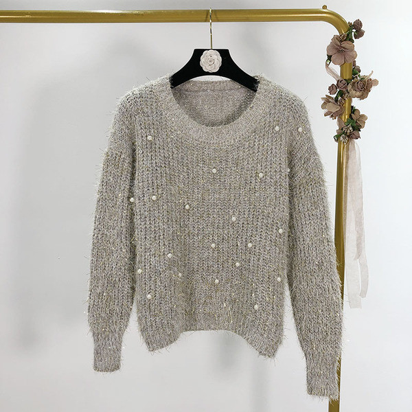 Pulover moale lung cu perle in patru culori