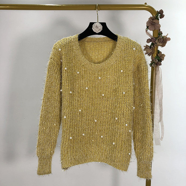 Pulover moale lung cu perle in patru culori