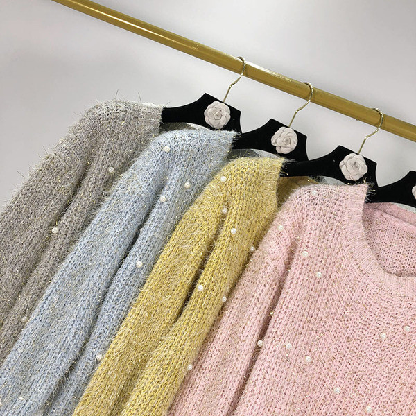 Pulover moale lung cu perle in patru culori