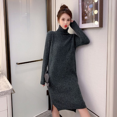 Rochie de dama tricotata model nou cu guler polo inalt in mai multe culori