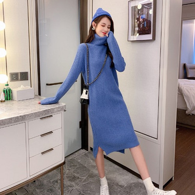 Rochie de dama tricotata model nou cu guler polo inalt in mai multe culori