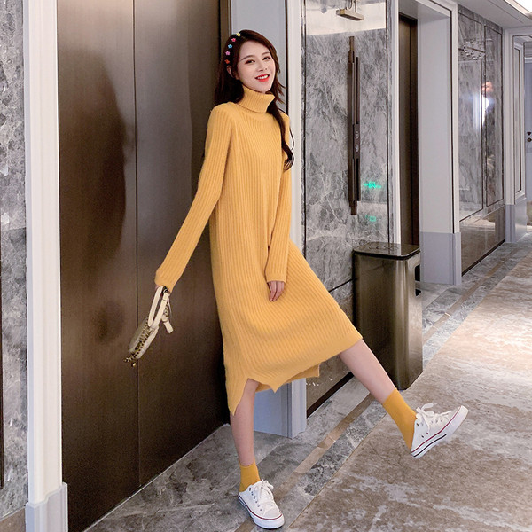 Rochie de dama tricotata model nou cu guler polo inalt in mai multe culori