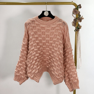 Pulover gros de dama in roz, albastru, verde si alb