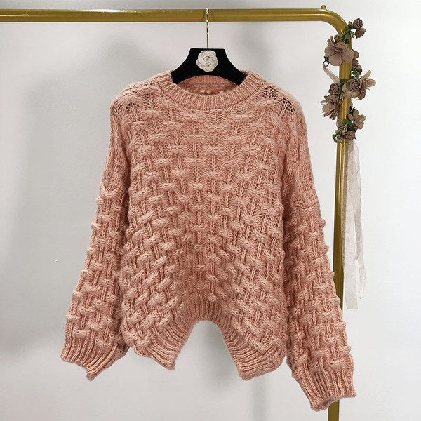 Pulover gros de dama in roz, albastru, verde si alb