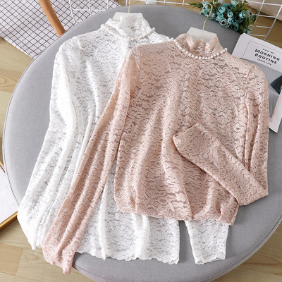 Bluză casual de damă din dantelă cu perle în alb și roz