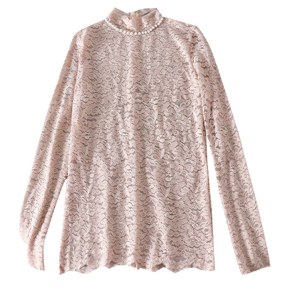 Bluză casual de damă din dantelă cu perle în alb și roz