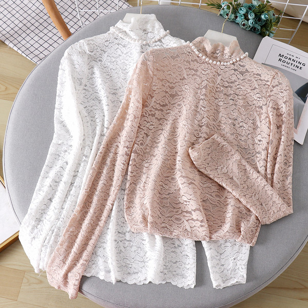 Bluză casual de damă din dantelă cu perle în alb și roz