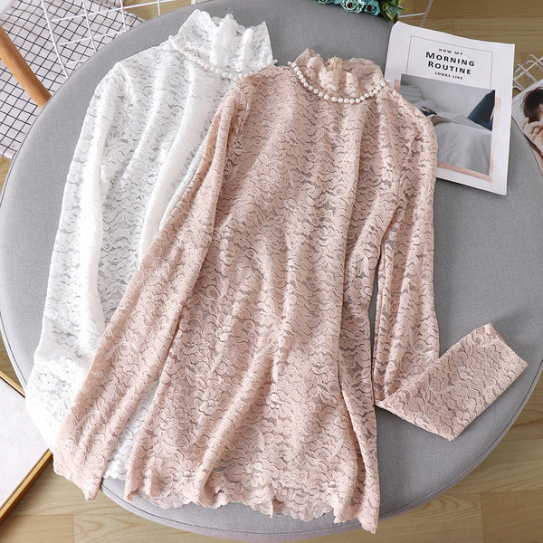 Bluză casual de damă din dantelă cu perle în alb și roz