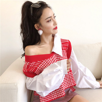 Pulover de damă în carouri cu decolteu spitz - două culori