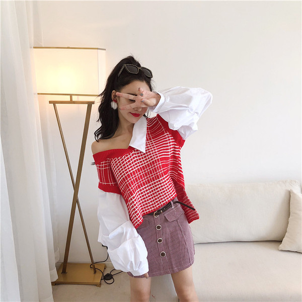 Pulover de damă în carouri cu decolteu spitz - două culori