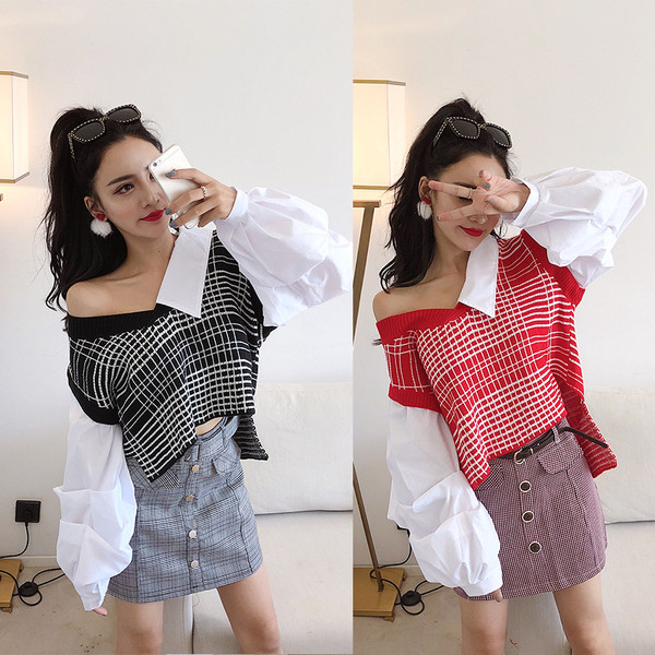 Pulover de damă în carouri cu decolteu spitz - două culori